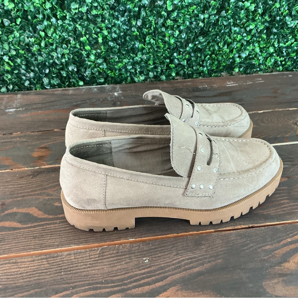 Tan‎ Suede Loafers with Stud Accents